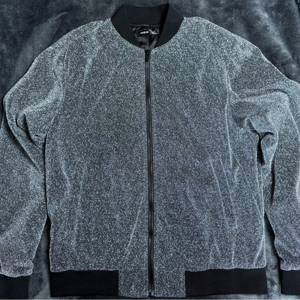 SHEIN Black and Gray Bomber Jacket with Fleece Texture